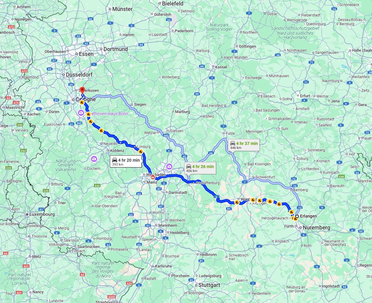 Anreise von Erlangen Zu Bergisch Gladbach Über via A3