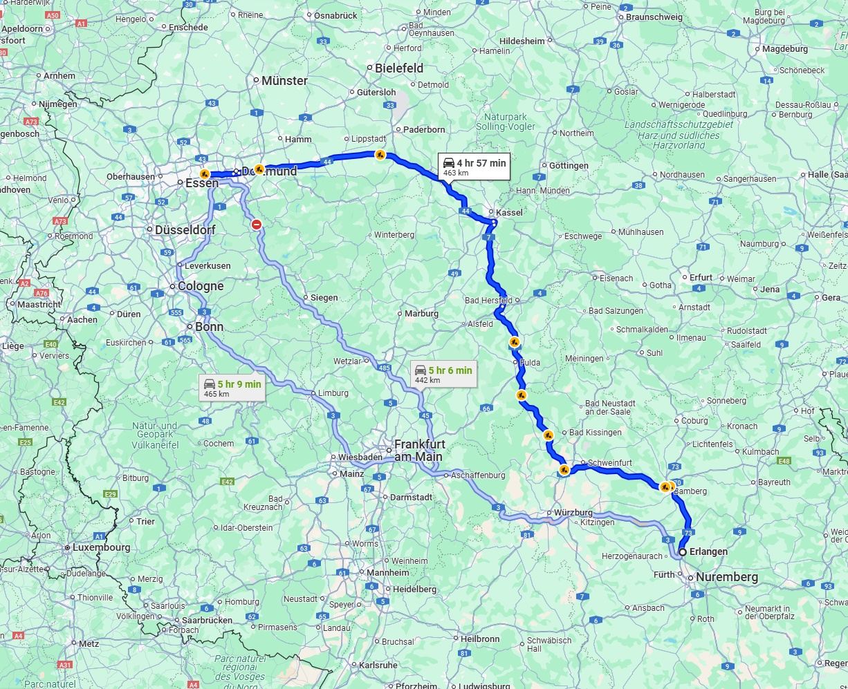 Anreise von Erlangen Zu Bochum Über via A7 and A44