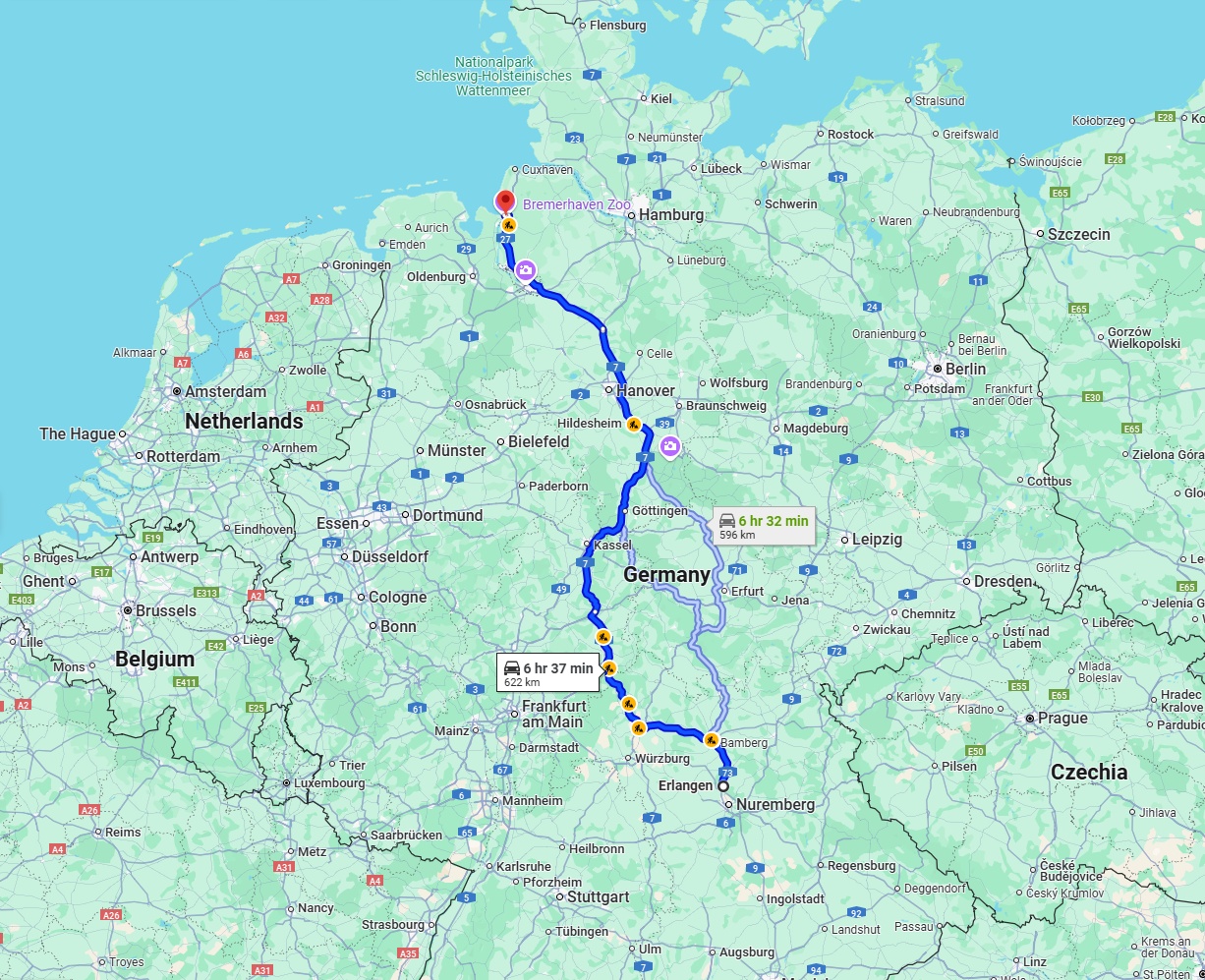 Anreise von Erlangen Zu Bremerhaven Über via A7