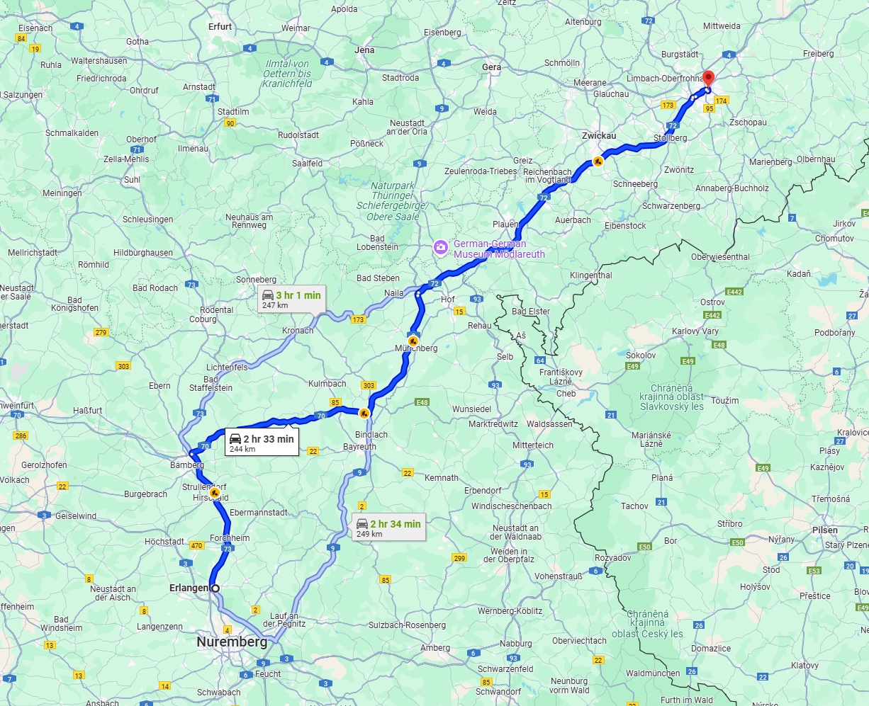 Anreise von Erlangen Zu Chemnitz Über via A72