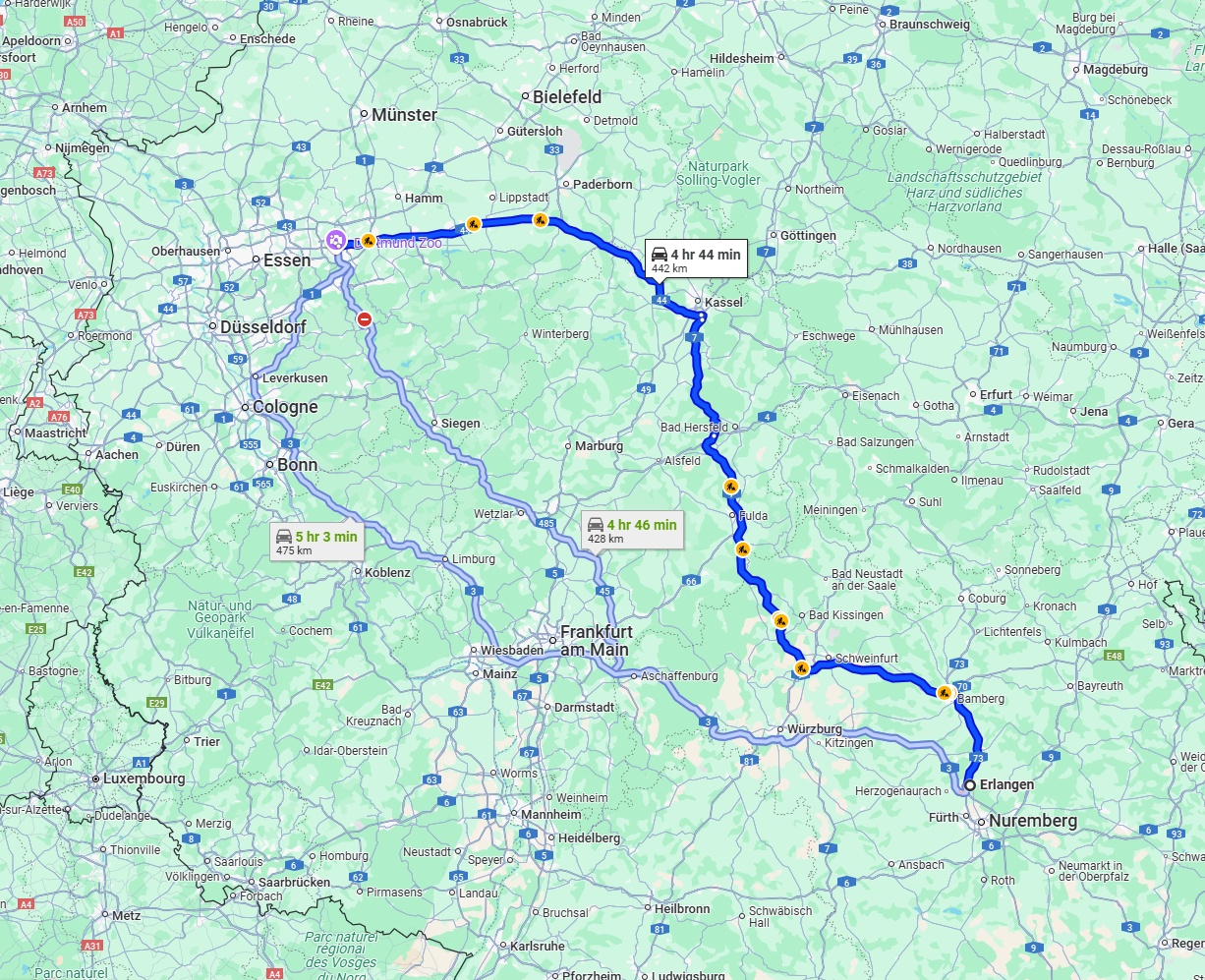 Anreise von Erlangen Zu Dortmund Über via A7 and A44