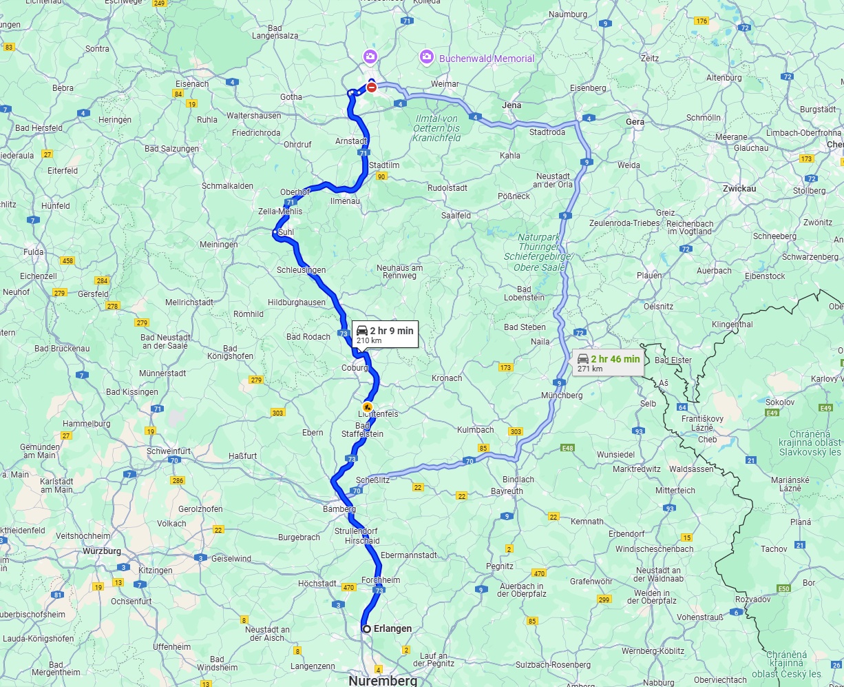 Anreise von Erlangen Zu Erfurt Über via A73 and A71