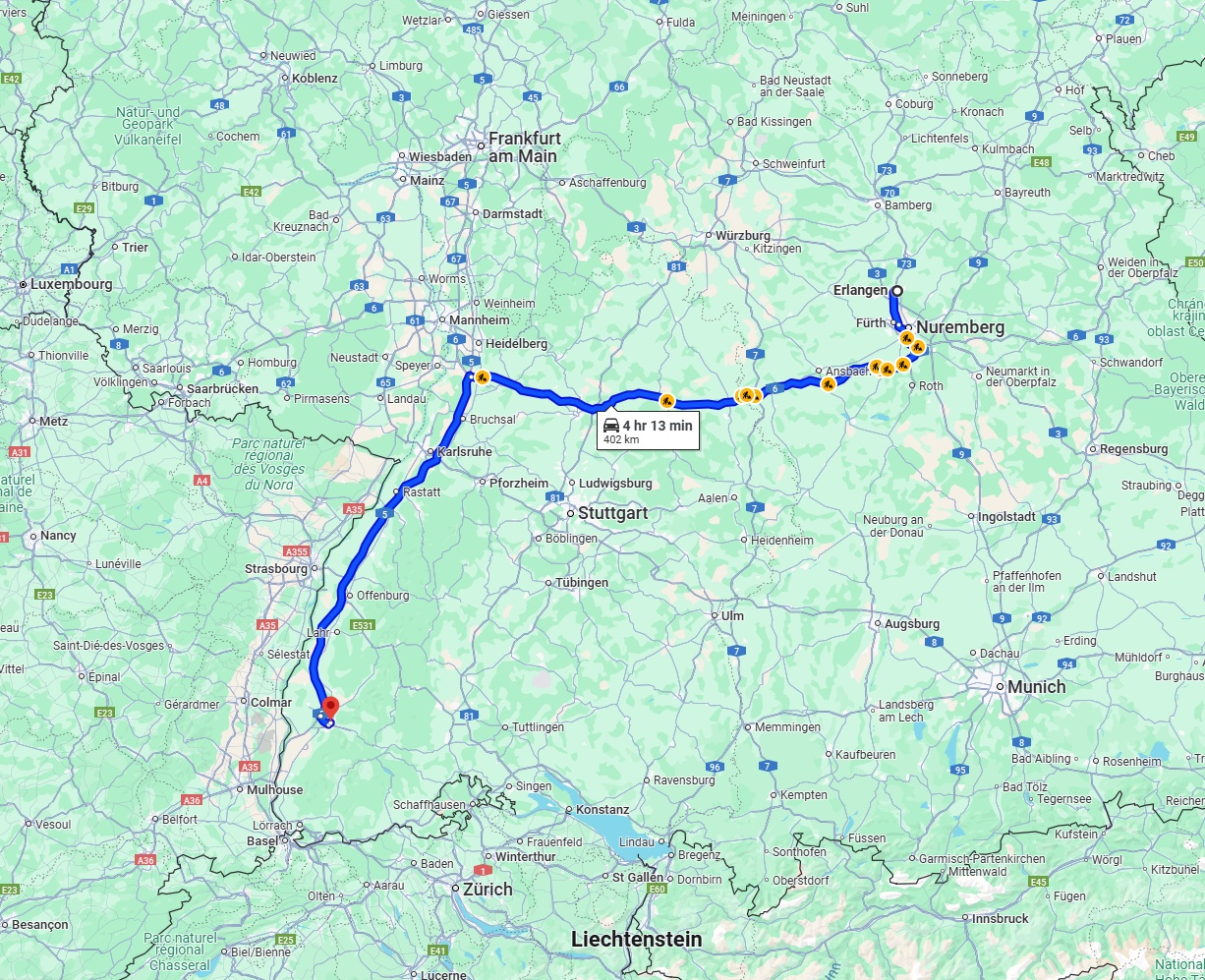 Anreise von Erlangen Zu Freiburg im Breisgau Über via A6 and A5
