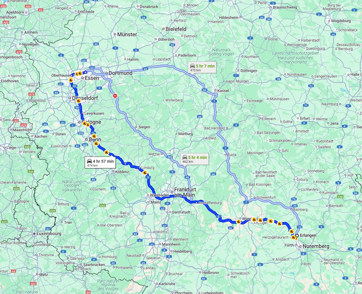 Anreise von Erlangen Zu Gelsenkirchen Über via A3