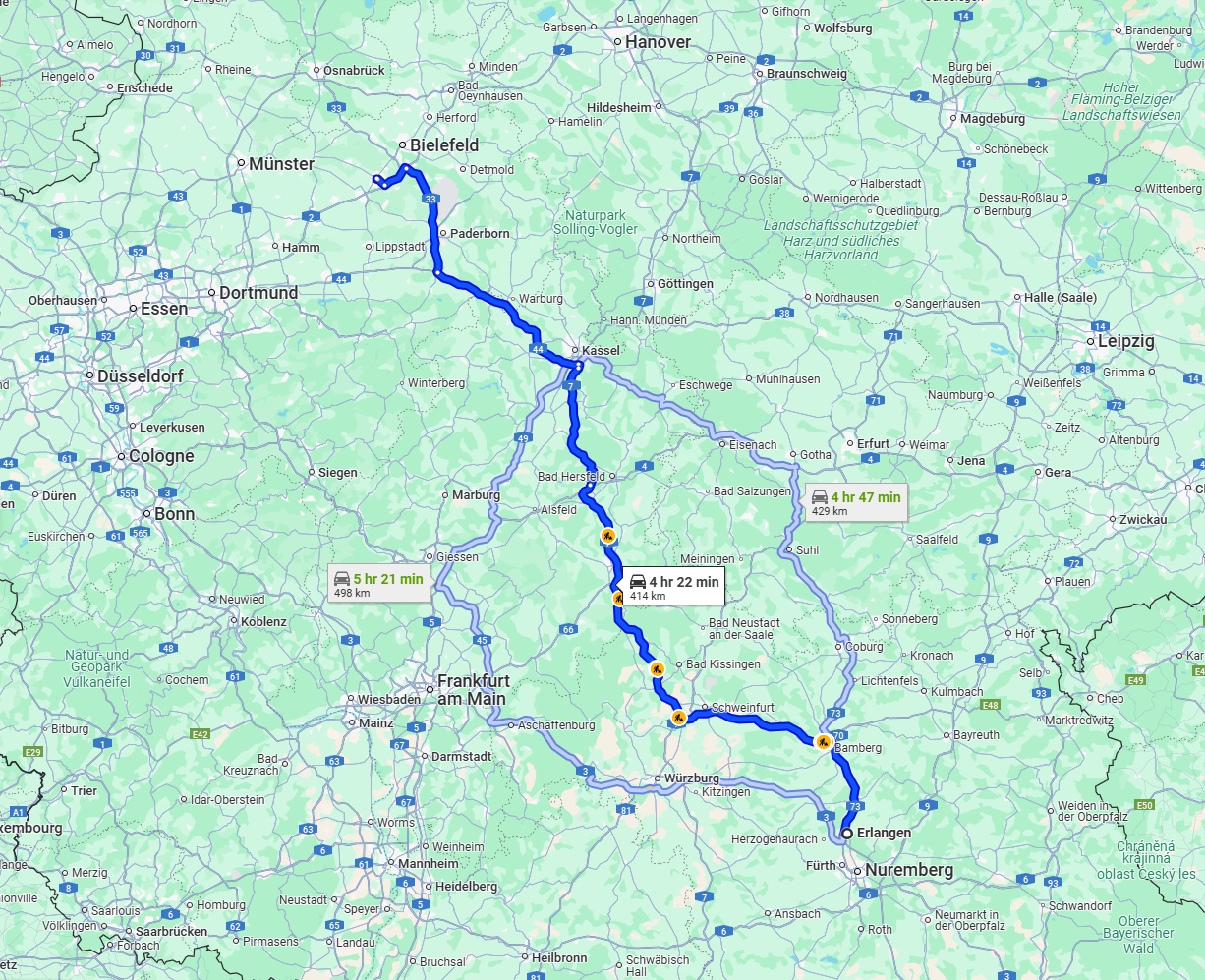 Anreise von Erlangen Zu Gütersloh Über via A7