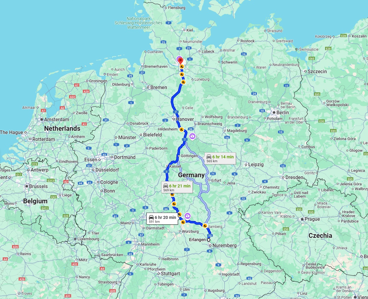 Anreise von Erlangen Zu Hamburg Über via A7