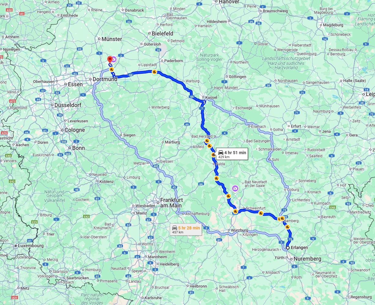 Anreise von Erlangen Zu Hamm Über via A7 and A44