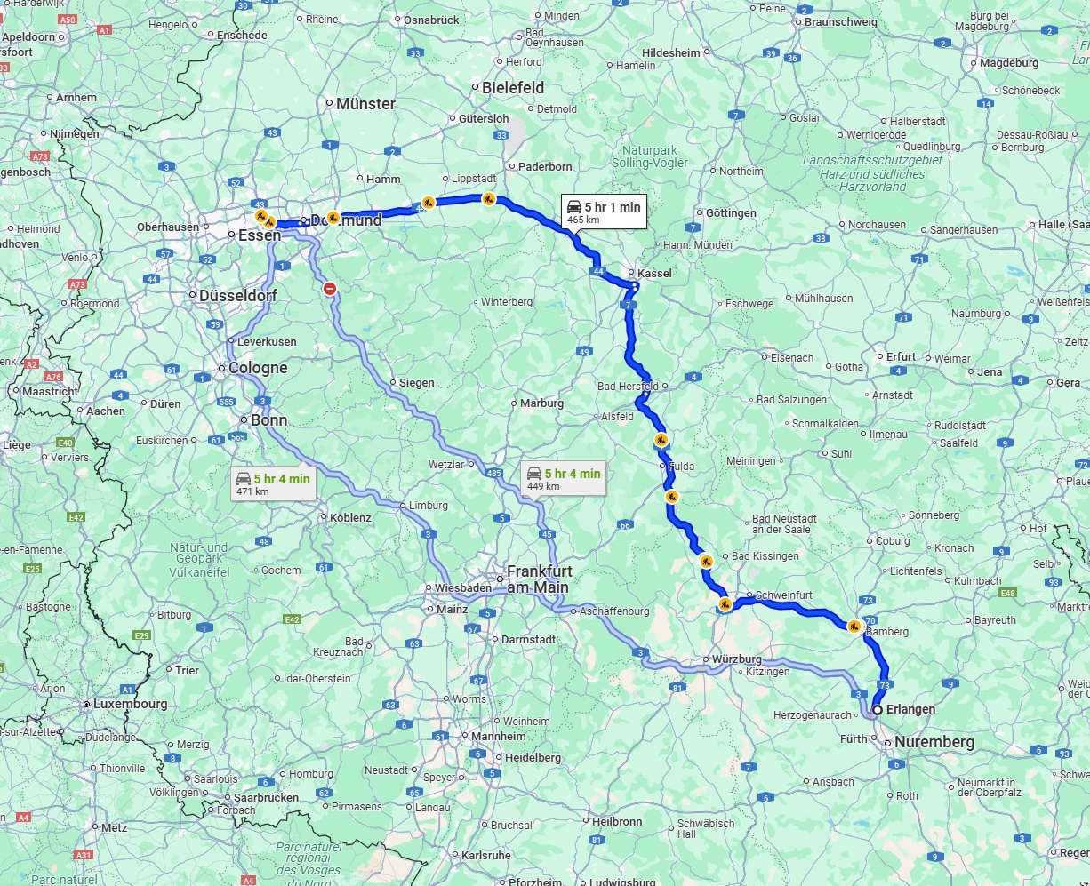Anreise von Erlangen Zu Herne Über via A7 and A44