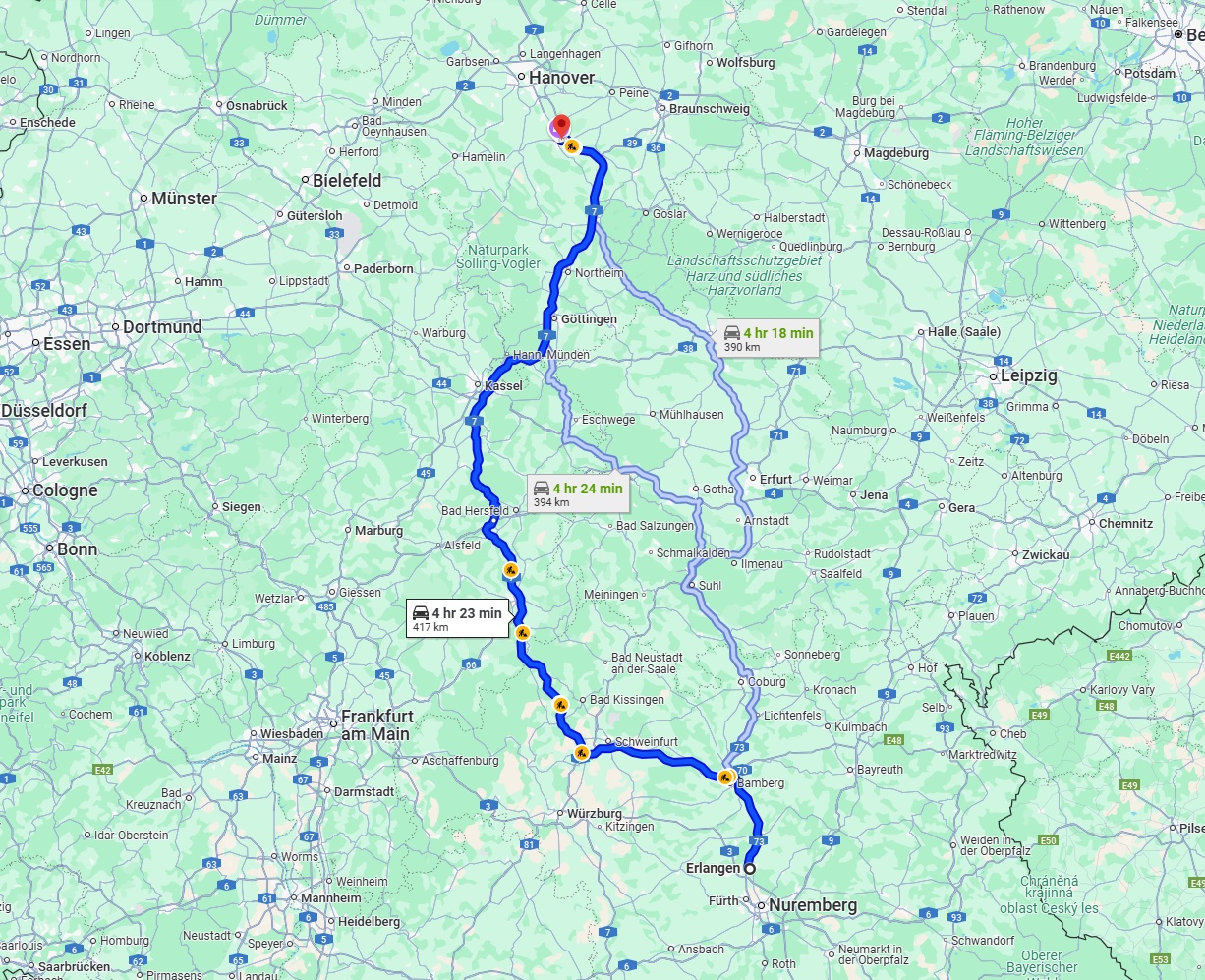 Anreise von Erlangen Zu Hildesheim Über via A7