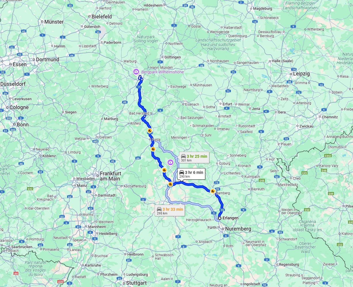 Anreise von Erlangen Zu Kassel Über via A7