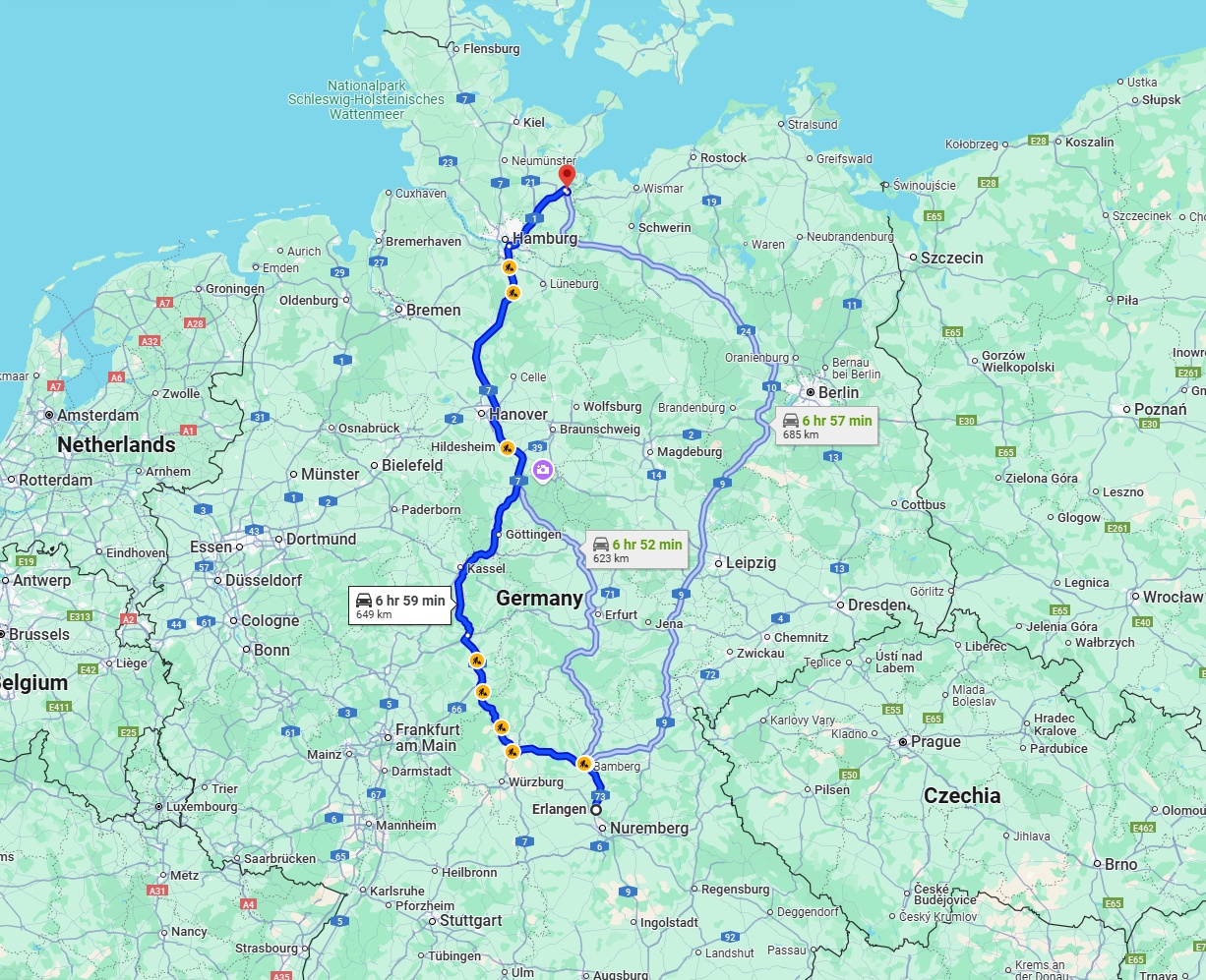 Anreise von Erlangen Zu Lübeck Über via A7
