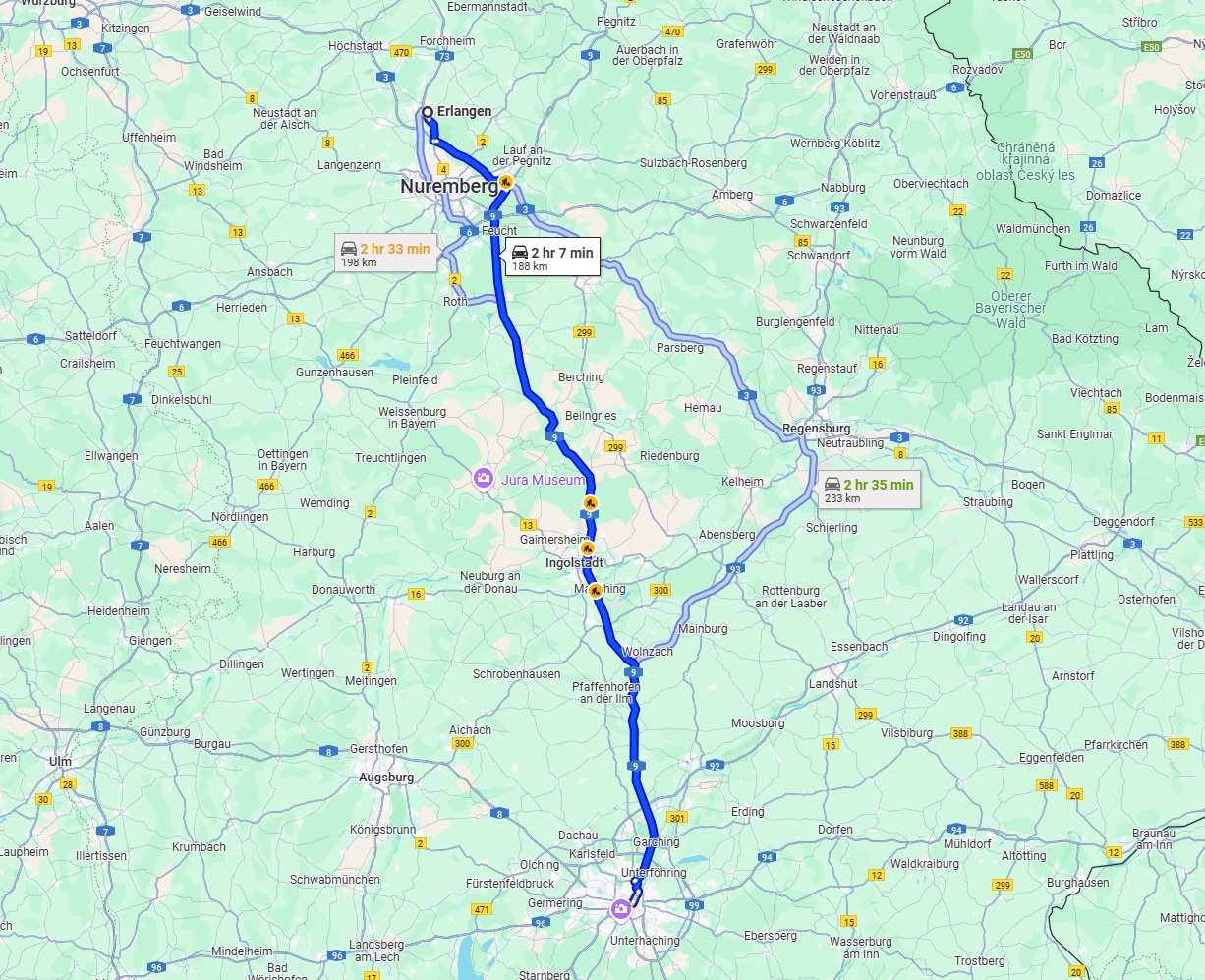 Anreise von Erlangen Zu München Über via A9
