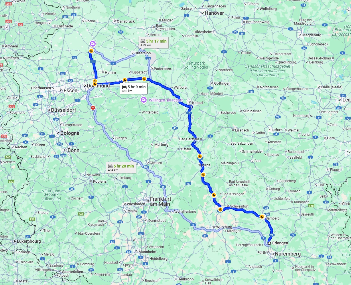 Anreise von Erlangen Zu Münster Über via A7 and A44