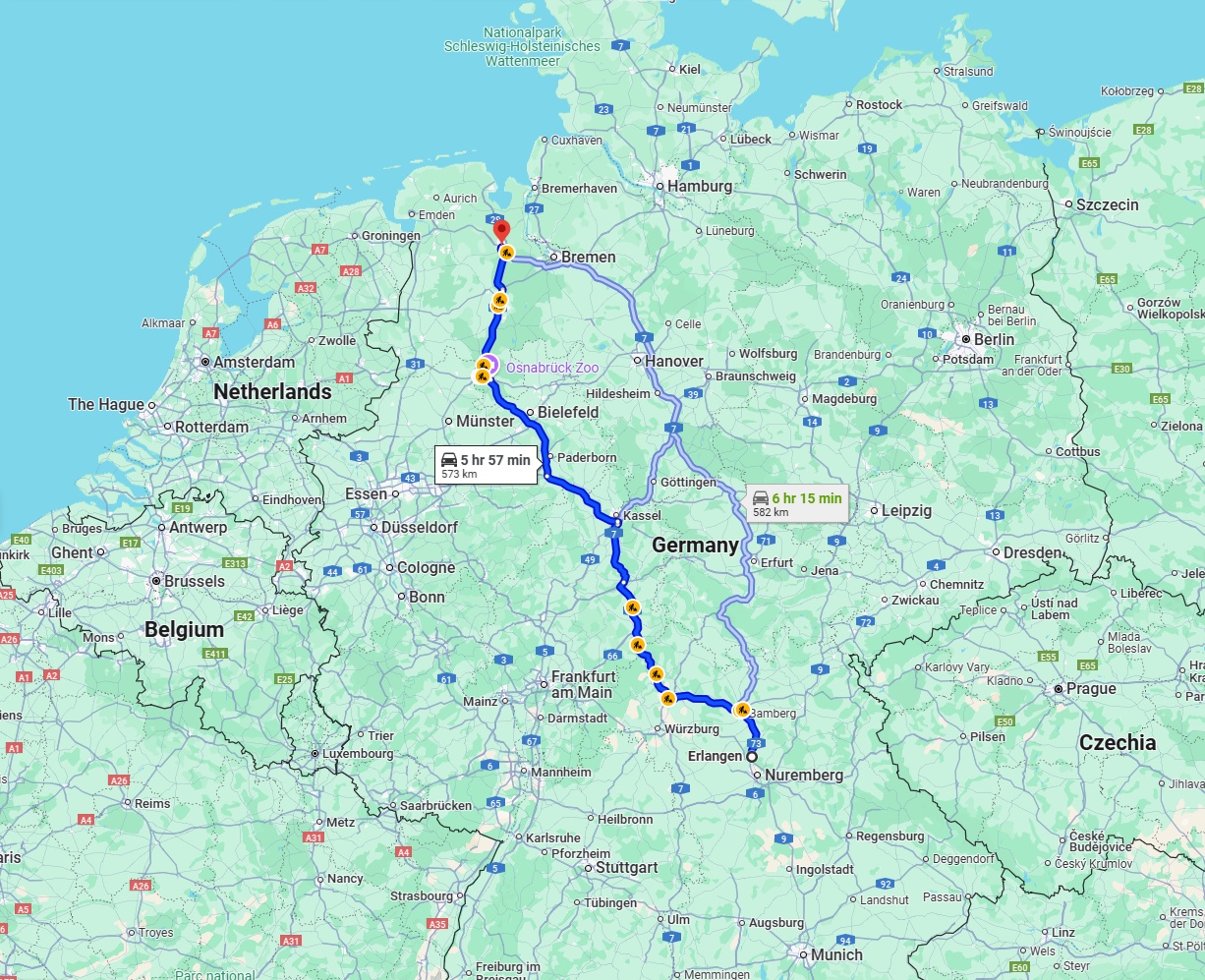 Anreise von Erlangen Zu Oldenburg Über via A7