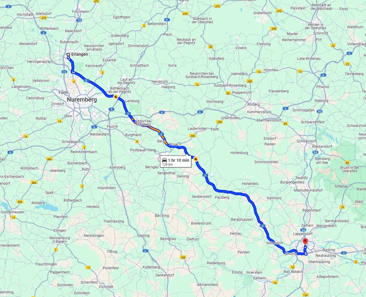 Anreise von Erlangen Zu Regensburg Über via A3