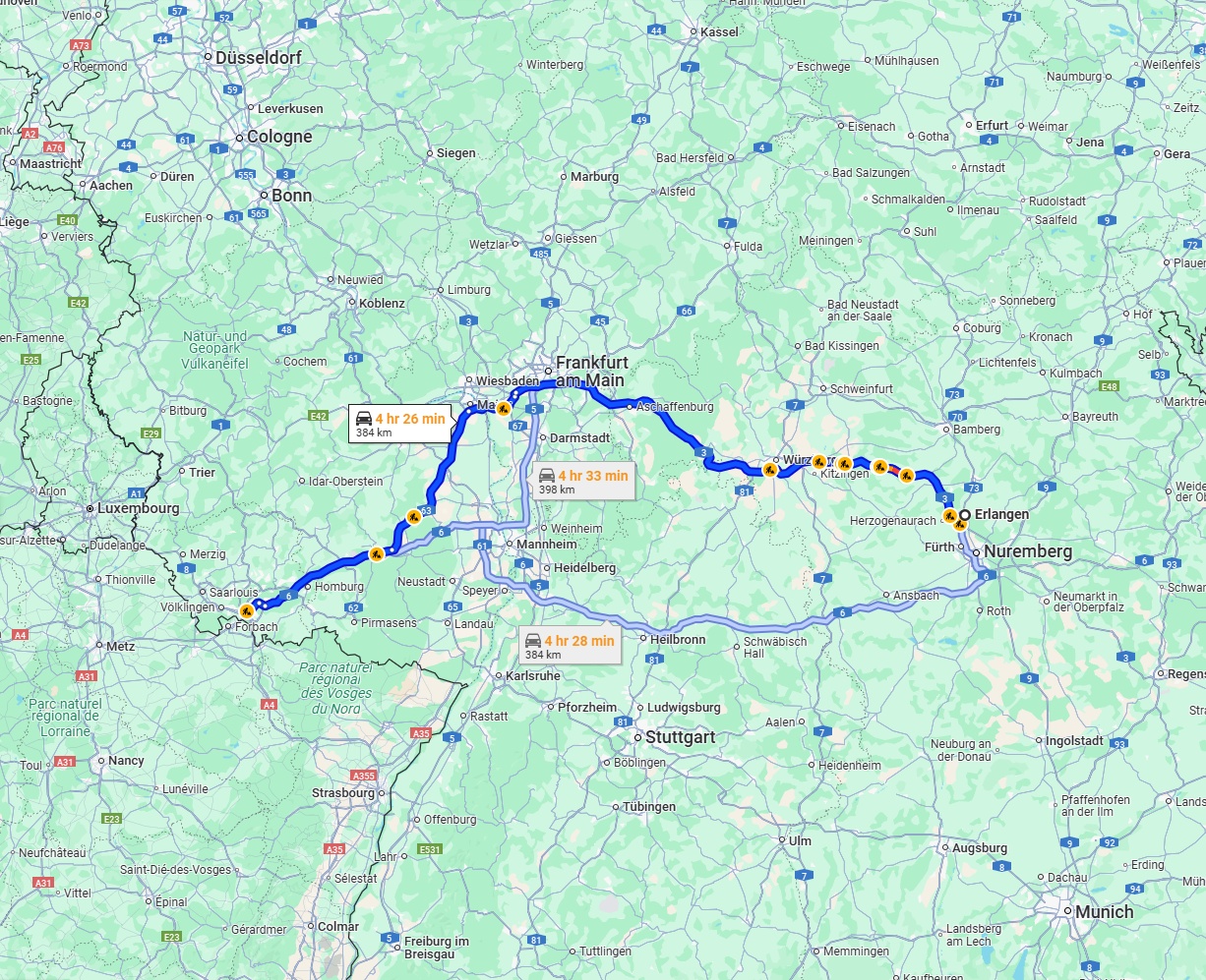 Anreise von Erlangen Zu Saarbrücken Über via A3