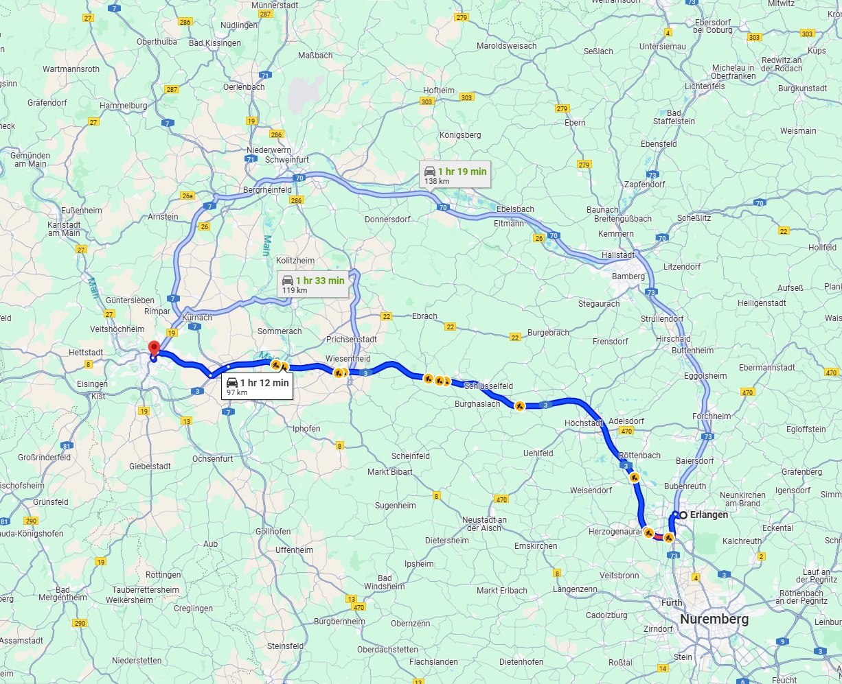 Anreise von Erlangen Zu Würzburg Über via A3