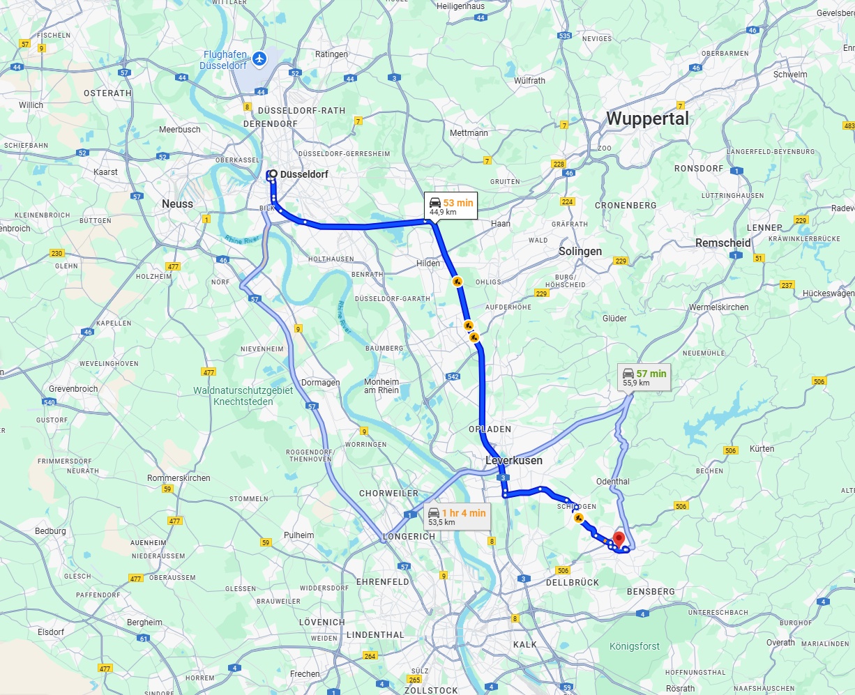 Anreise von Düsseldorf Zu Bergisch Gladbach Über via A3