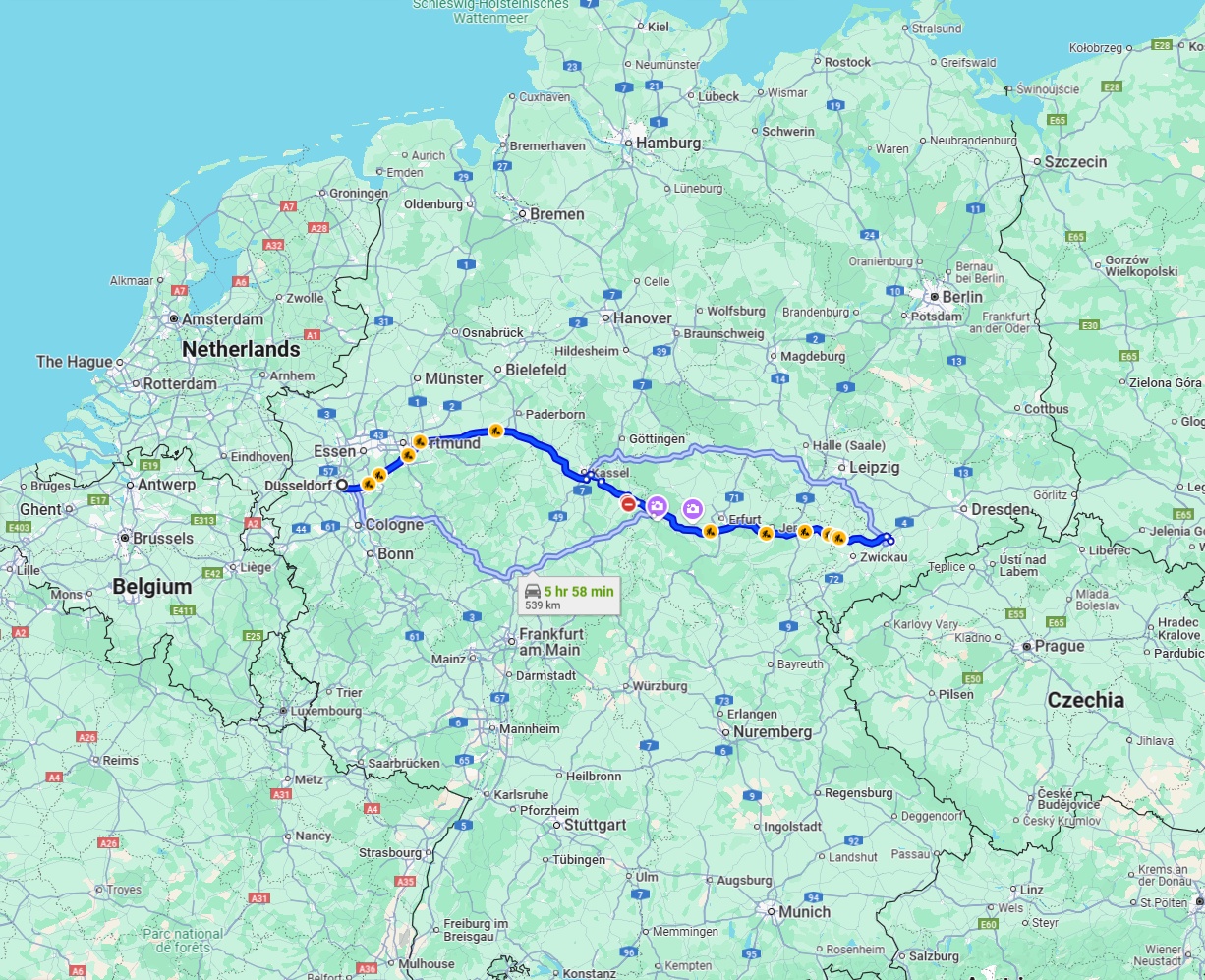 Anreise von Düsseldorf Zu Chemnitz Über via A44 and A4