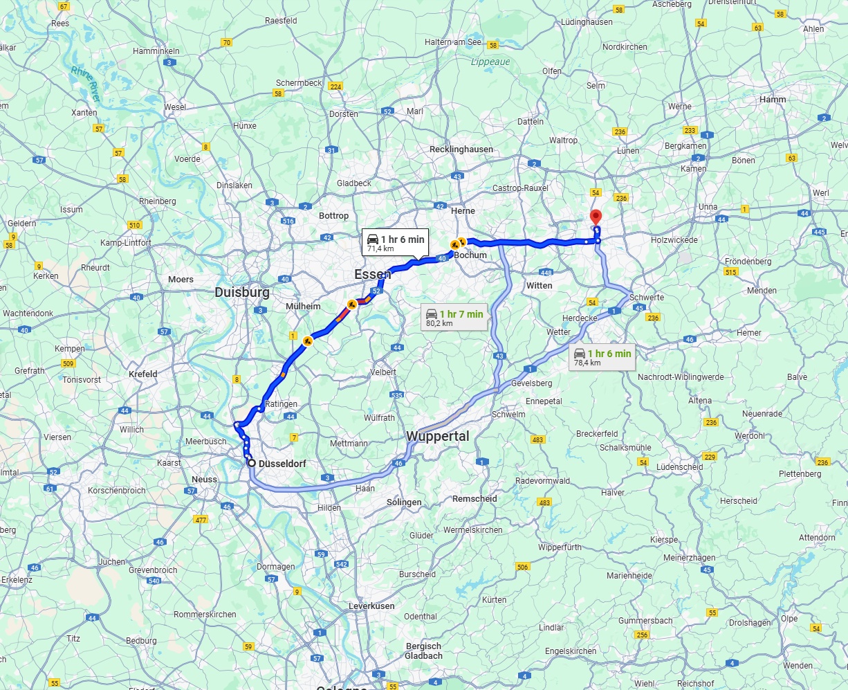 Anreise von Düsseldorf Zu Dortmund Über via A52 and A40
