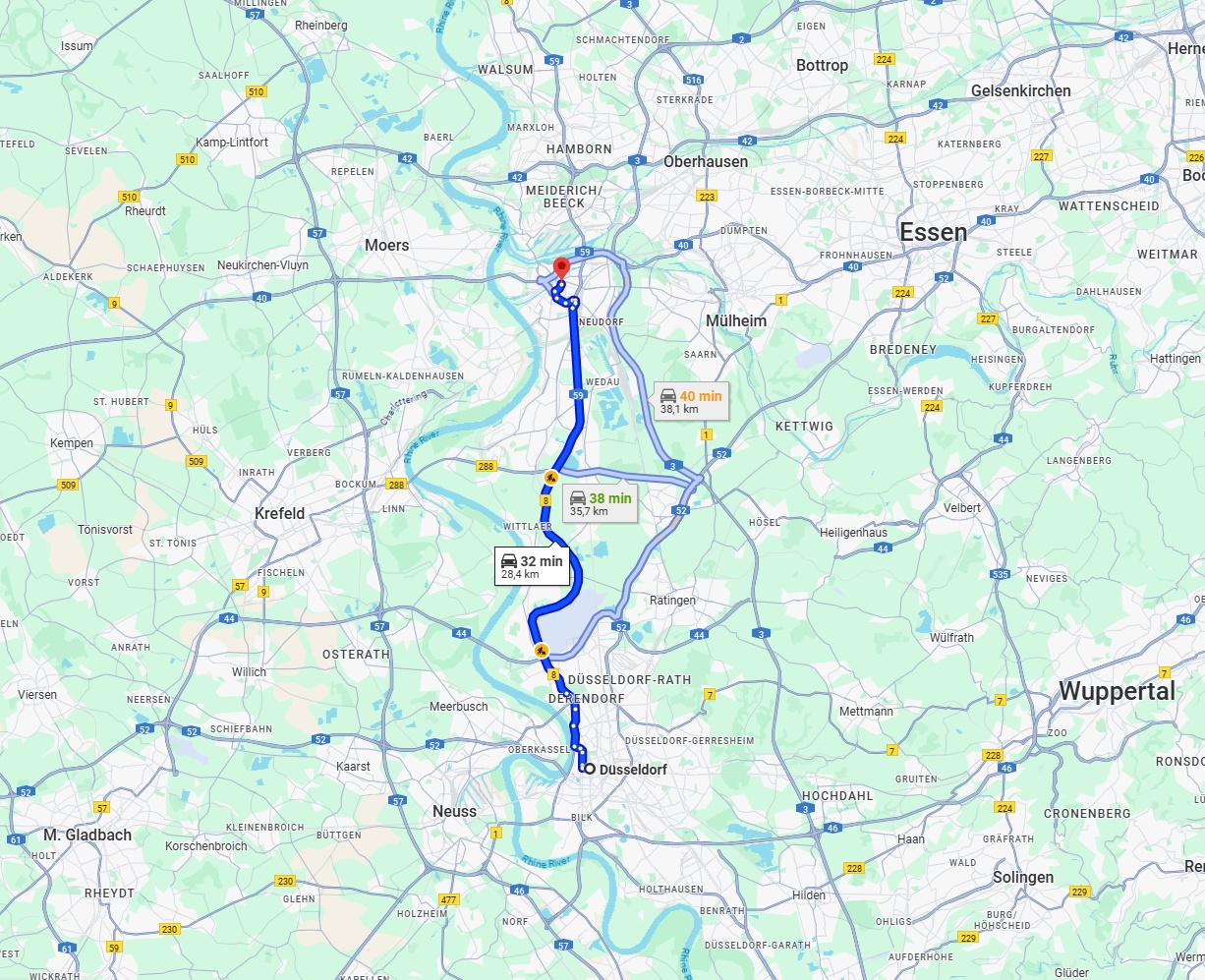 Anreise von Düsseldorf Zu Duisburg Über via B8 and A59