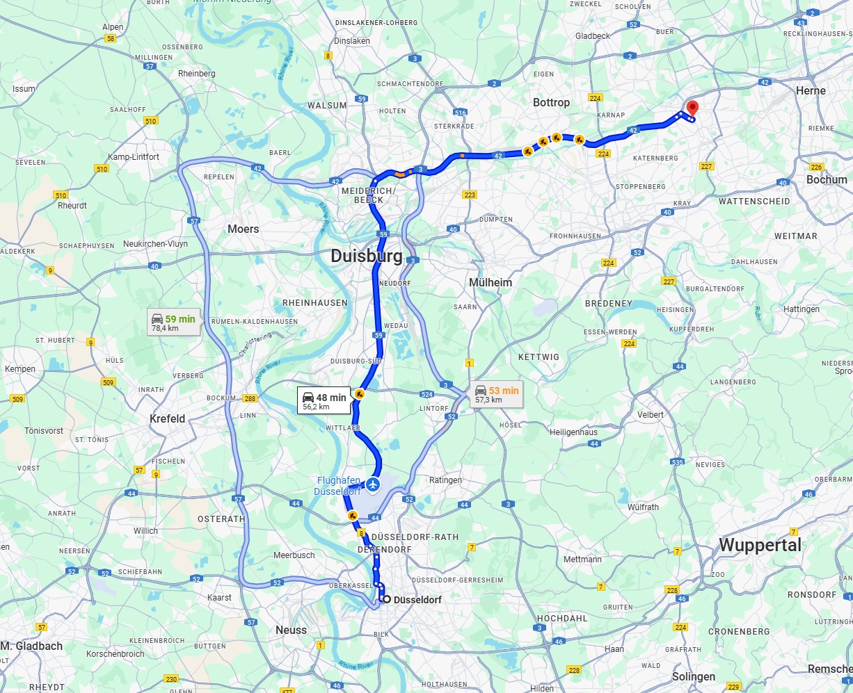 Anreise von Düsseldorf Zu Gelsenkirchen Über via A59 and A42
