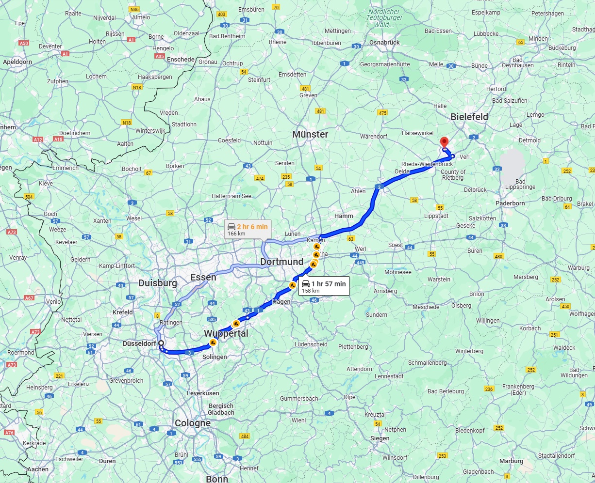 Anreise von Düsseldorf Zu Gütersloh Über via A1 and A2