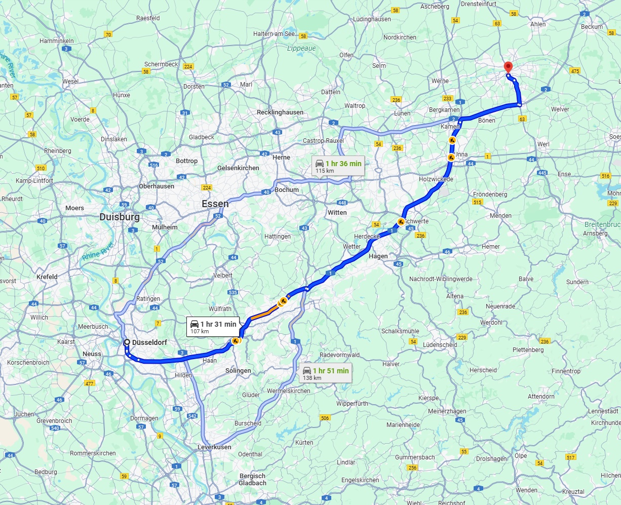 Anreise von Düsseldorf Zu Hamm Über via A46 and A1