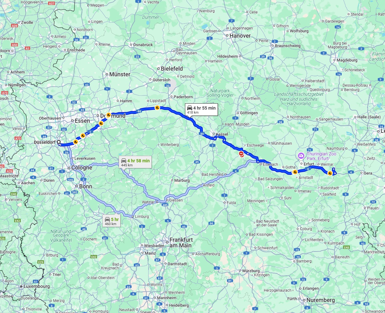 Anreise von Düsseldorf Zu Jena Über via A44 and A4