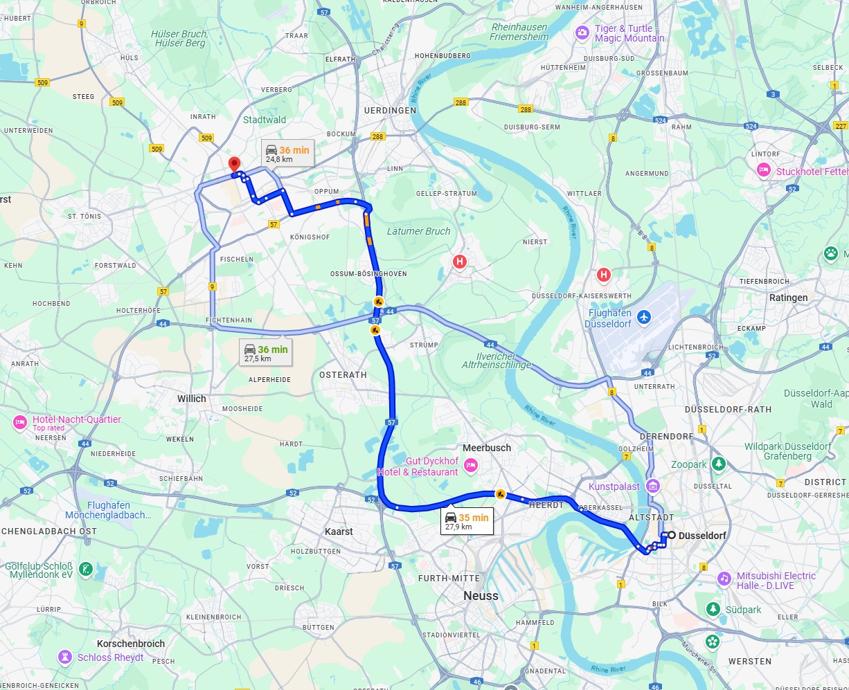 Anreise von Düsseldorf Zu Krefeld Über via A57