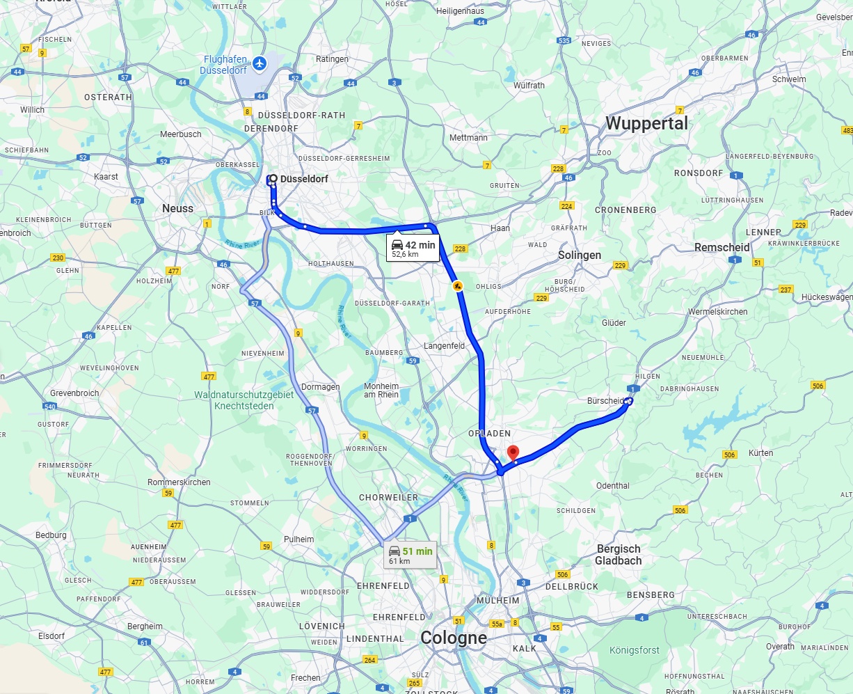 Anreise von Düsseldorf Zu Leverkusen Über via A3 and A1