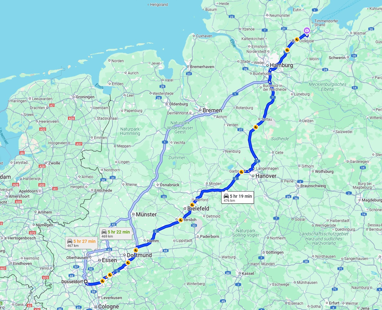 Anreise von Düsseldorf Zu Lübeck Über via A2 and A1
