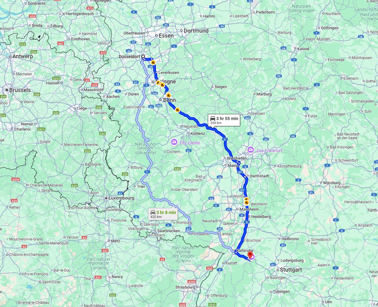 Anreise von Düsseldorf Zu Pforzheim Über via A3 and A5