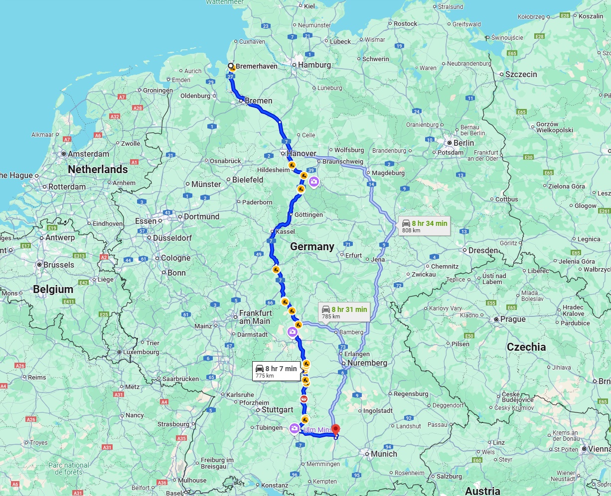 Anreise von Bremerhaven Zu Augsburg Über via A7
