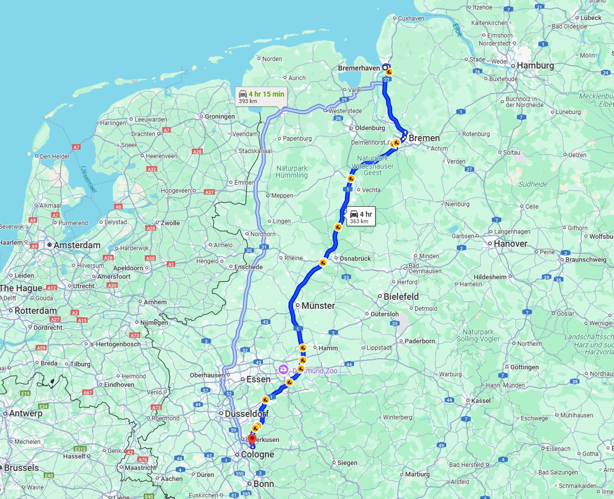 Anreise von Bremerhaven Zu Bergisch Gladbach Über via A1