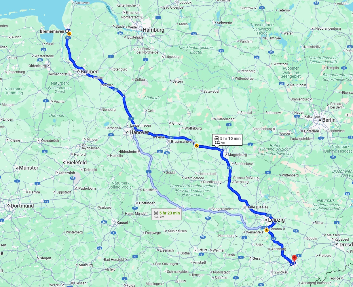 Anreise von Bremerhaven Zu Chemnitz Über via A14