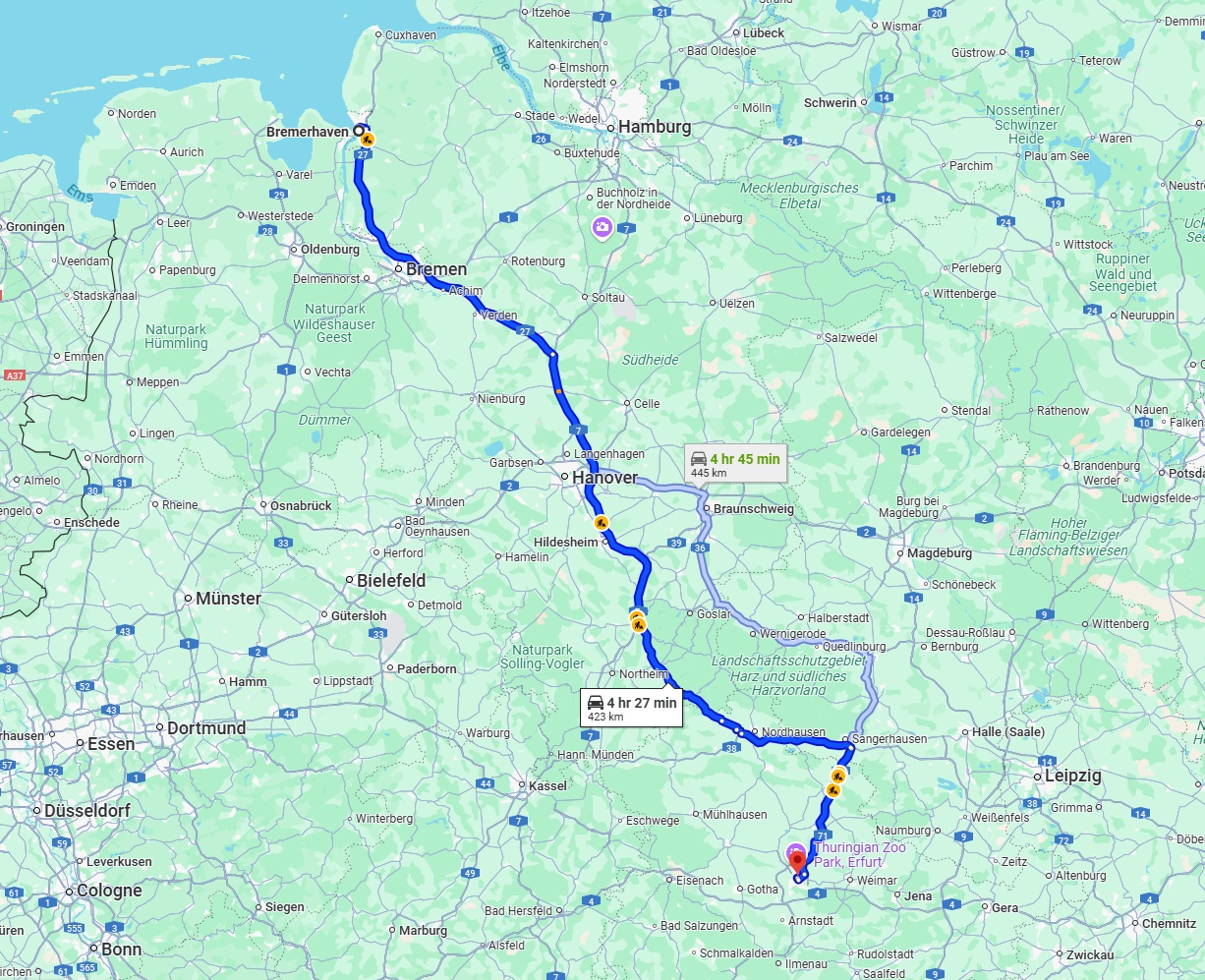 Anreise von Bremerhaven Zu Erfurt Über via A27 and A7