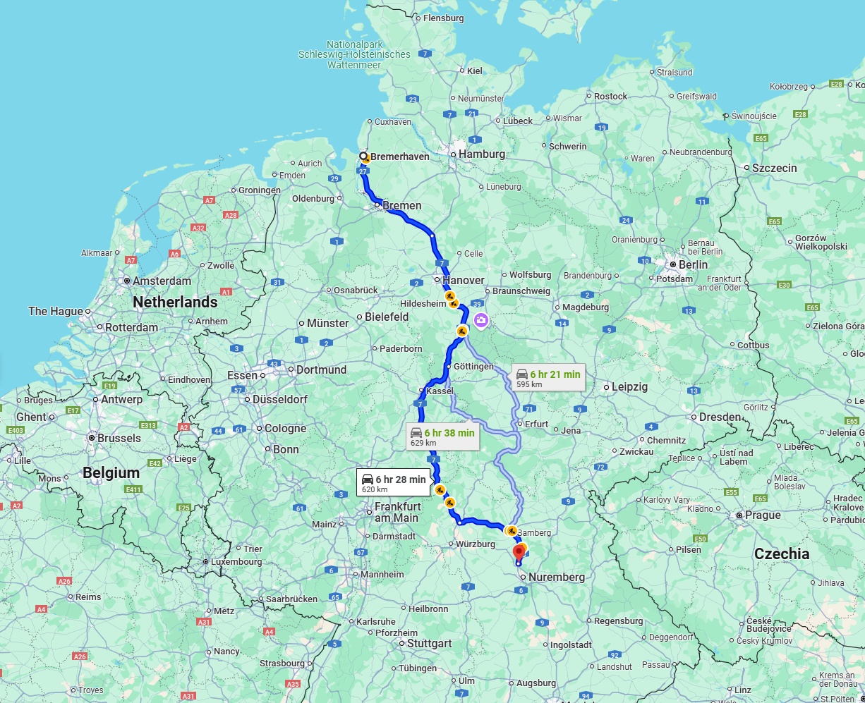 Anreise von Bremerhaven Zu Erlangen Über via A7