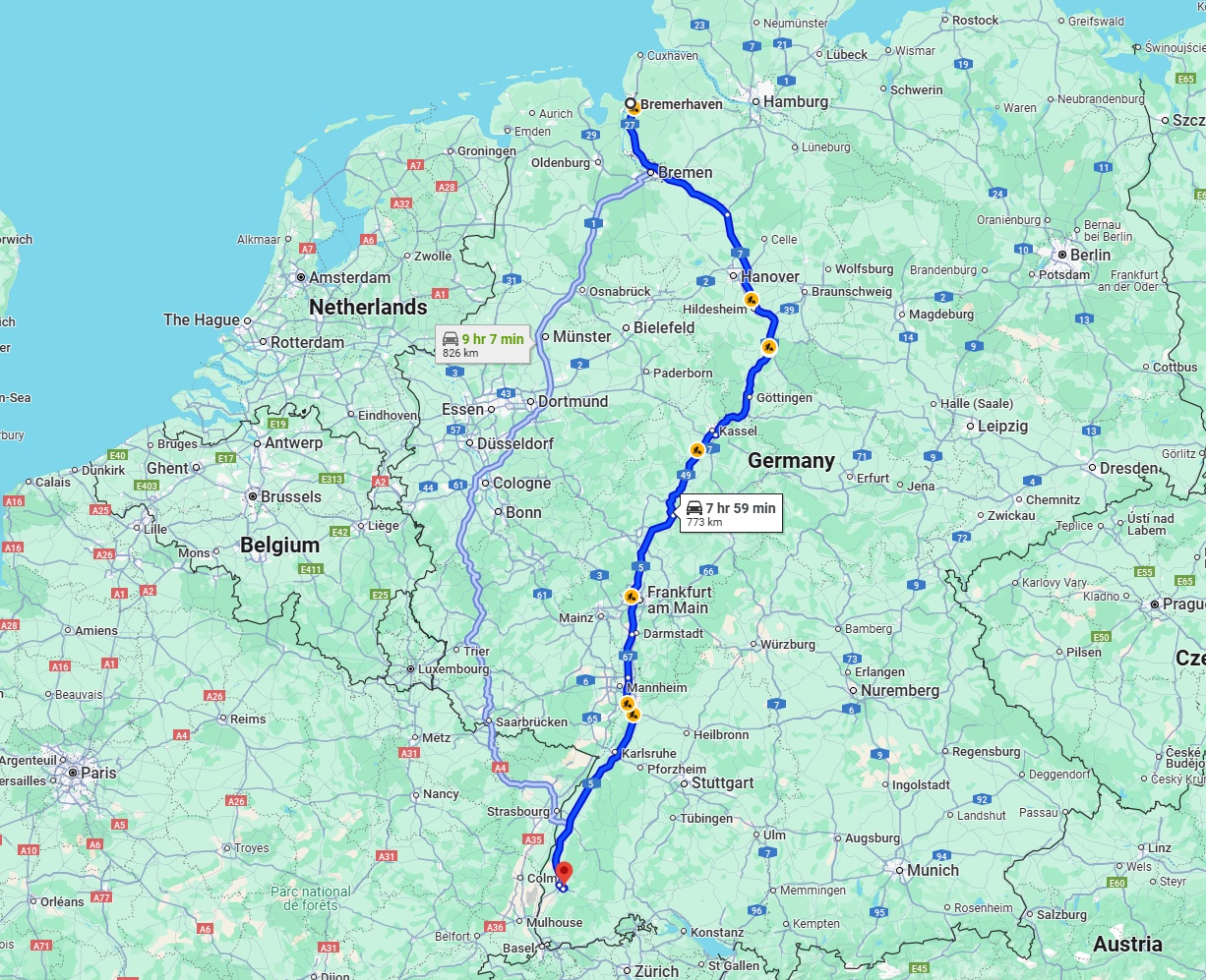 Anreise von Bremerhaven Zu Freiburg im Breisgau Über via A7 and A5