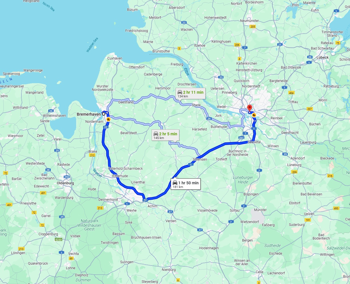 Anreise von Bremerhaven Zu Hamburg Über via A27 and A1