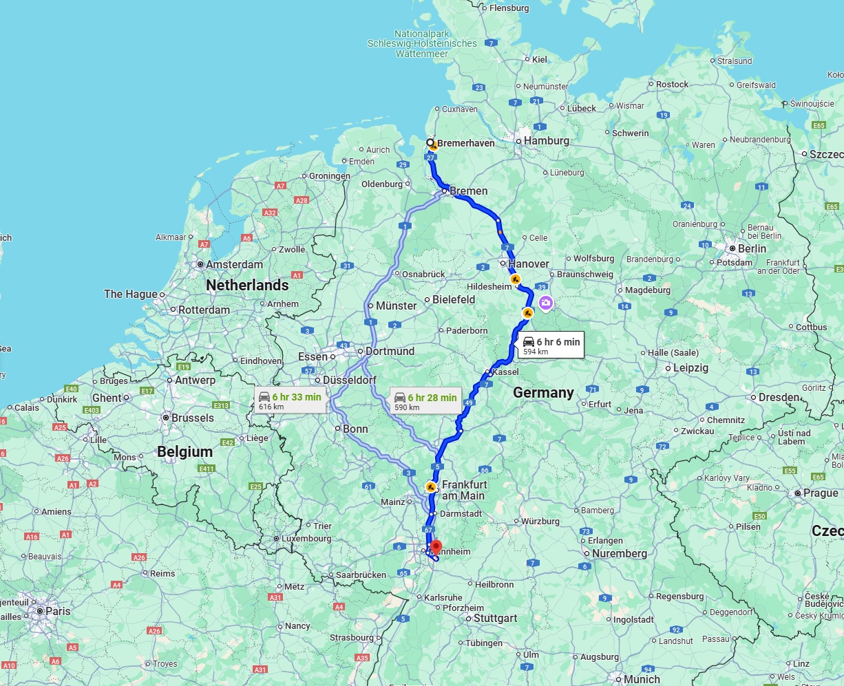 Anreise von Bremerhaven Zu Heidelberg Über via A7