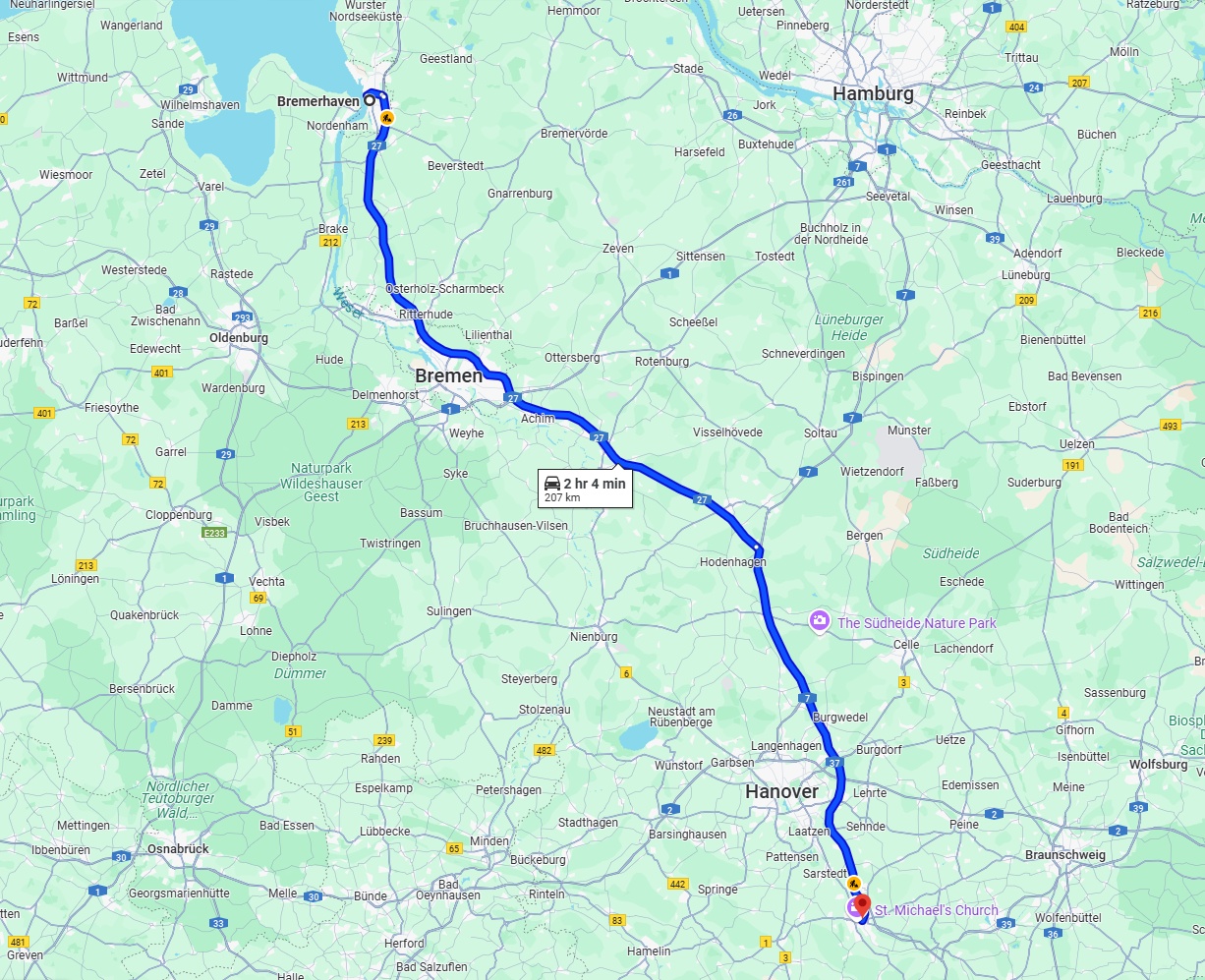 Anreise von Bremerhaven Zu Hildesheim Über via A27 and A7
