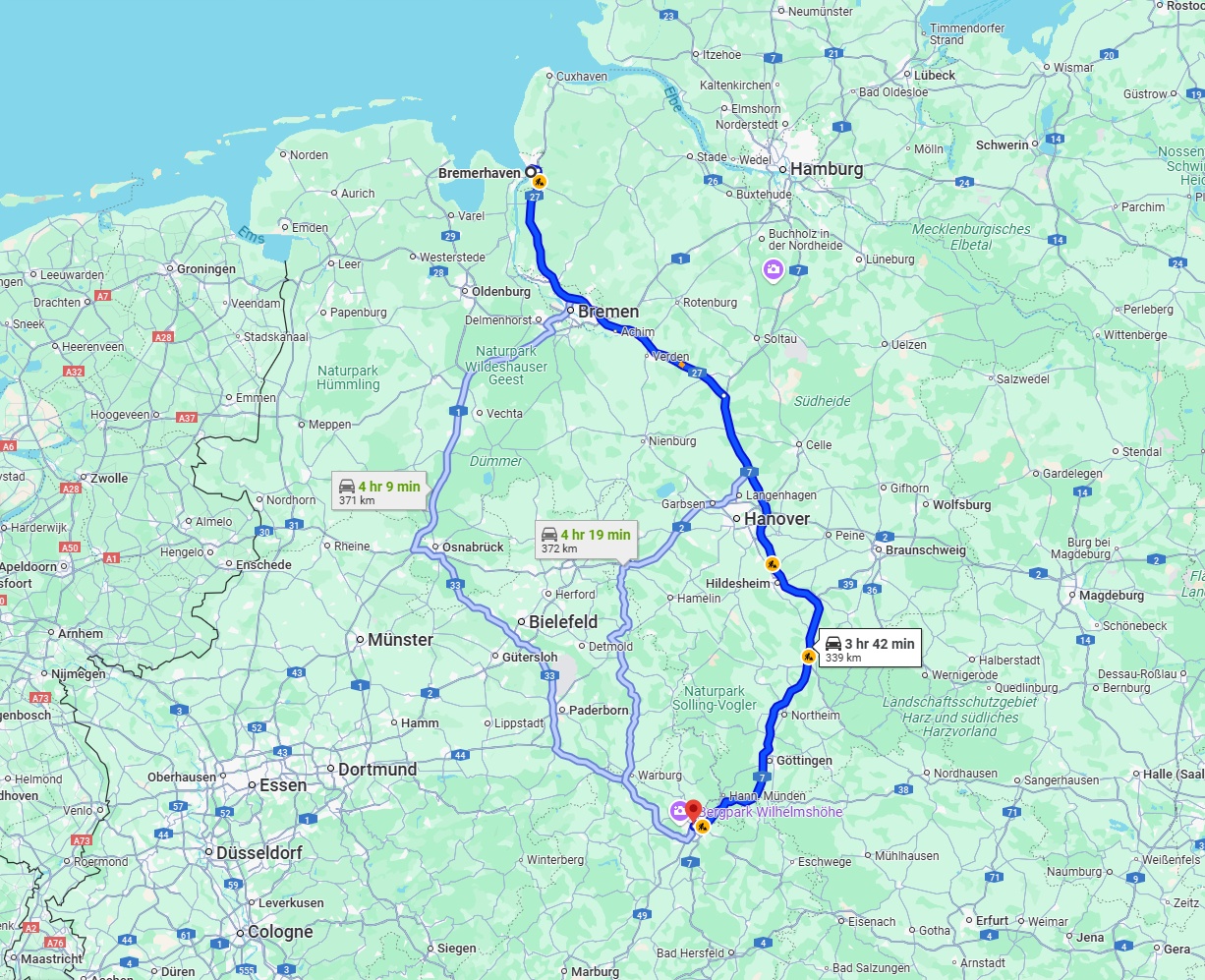 Anreise von Bremerhaven Zu Kassel Über via A27 and A7