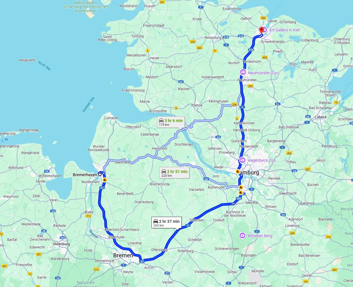 Anreise von Bremerhaven Zu Kiel Über via A27, A1 and A7