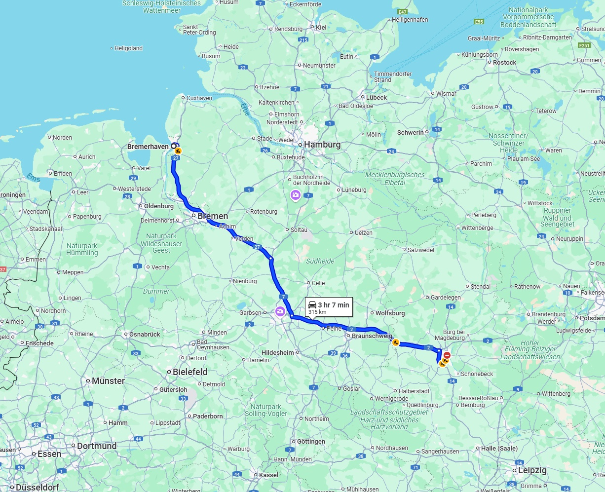 Anreise von Bremerhaven Zu Magdeburg Über via A27 and A2