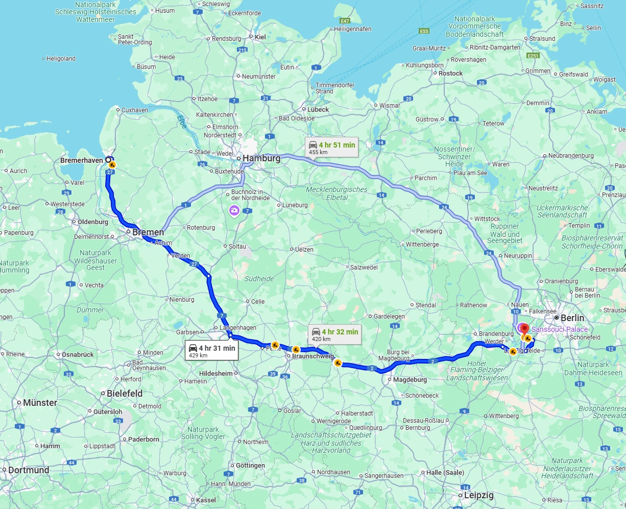 Anreise von Bremerhaven Zu Potsdam Über via A27 and A2