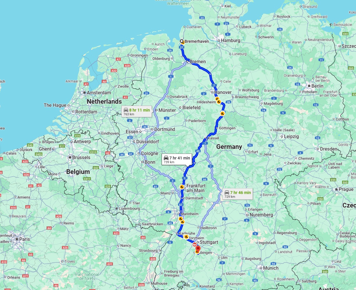 Anreise von Bremerhaven Zu Reutlingen Über via A7