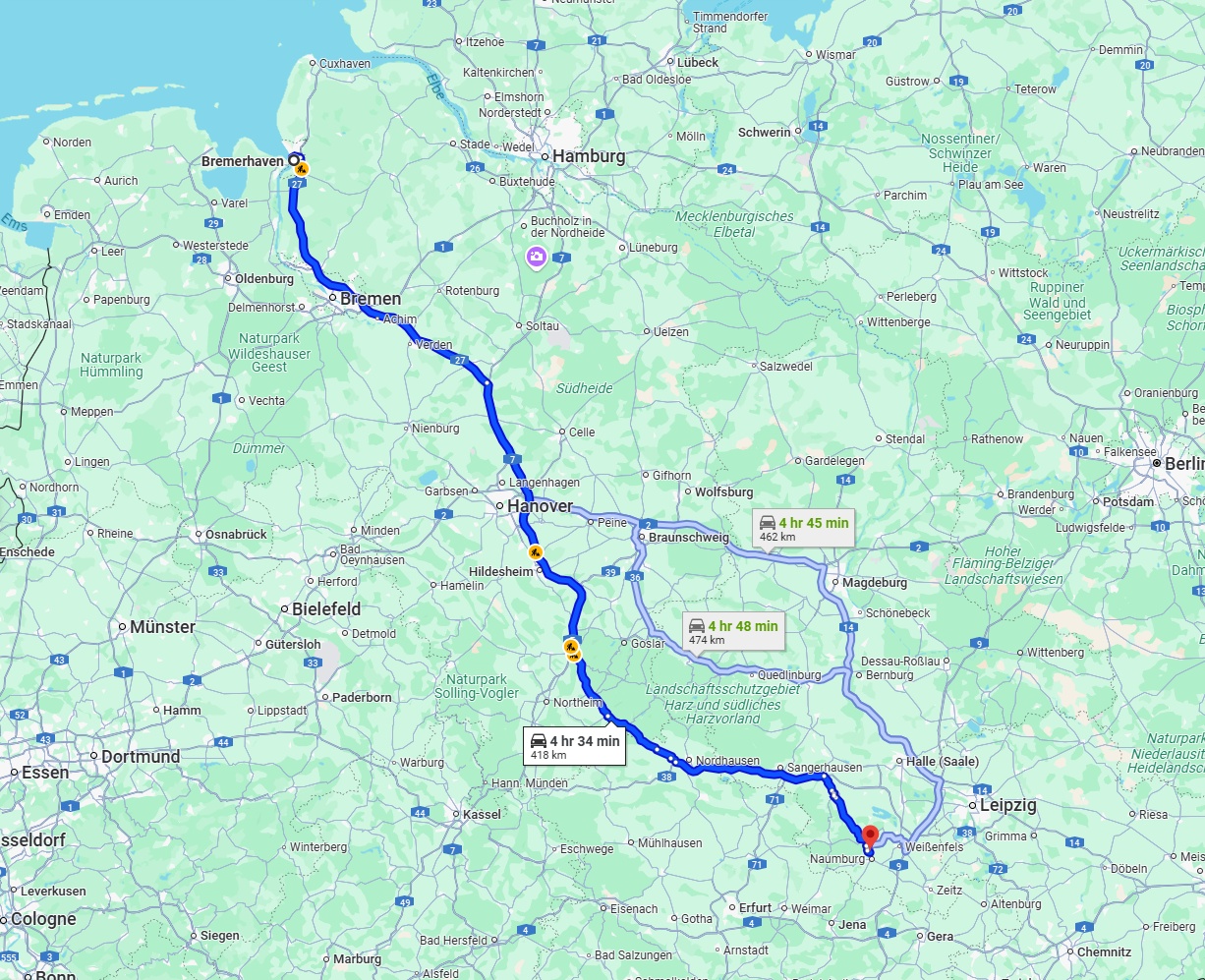 Anreise von Bremerhaven Zu Saale Über via A27 and A7