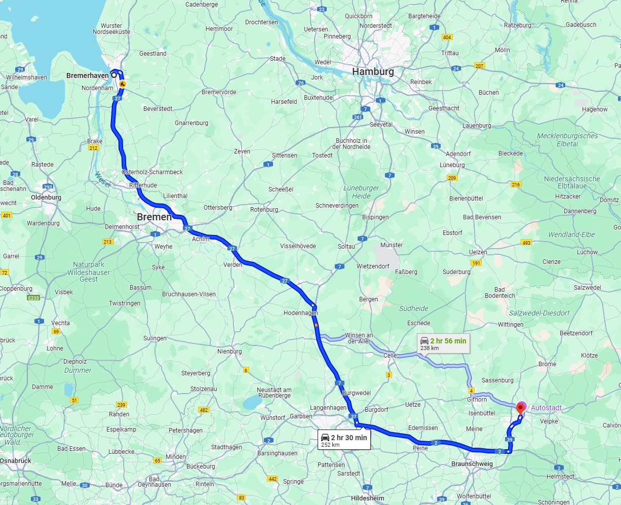 Anreise von Bremerhaven Zu Wolfsburg Über via A27