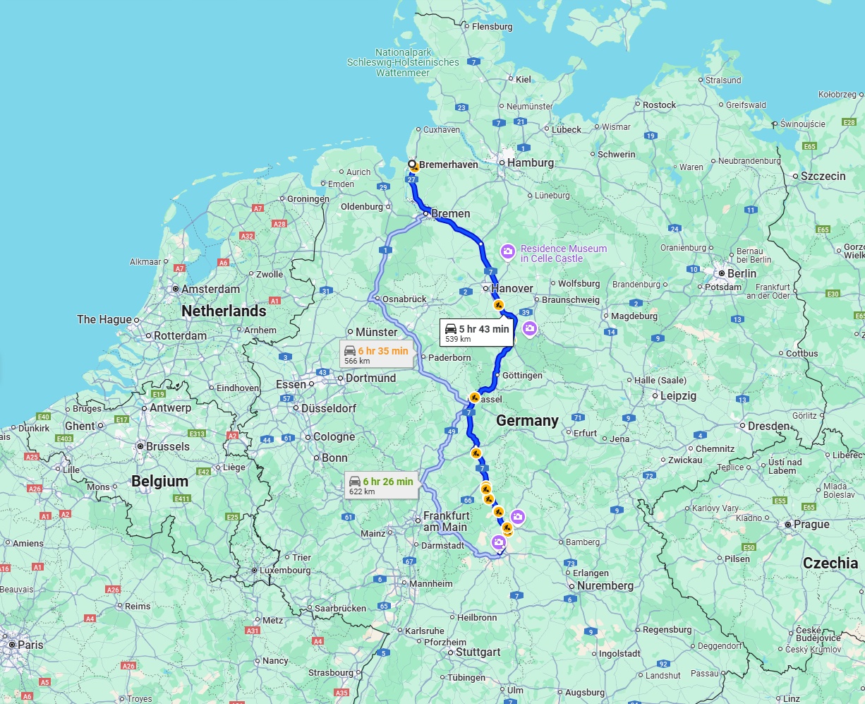 Anreise von Bremerhaven Zu Würzburg Über via A7